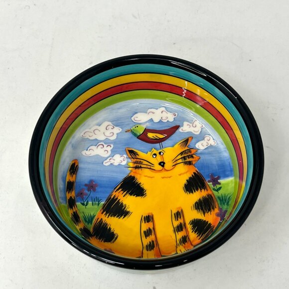 2005 MARY NAYLOR DESIGNS 6" Handpainted Cat Pet Food Bowl Birds Decorative - Picture 3 of 9